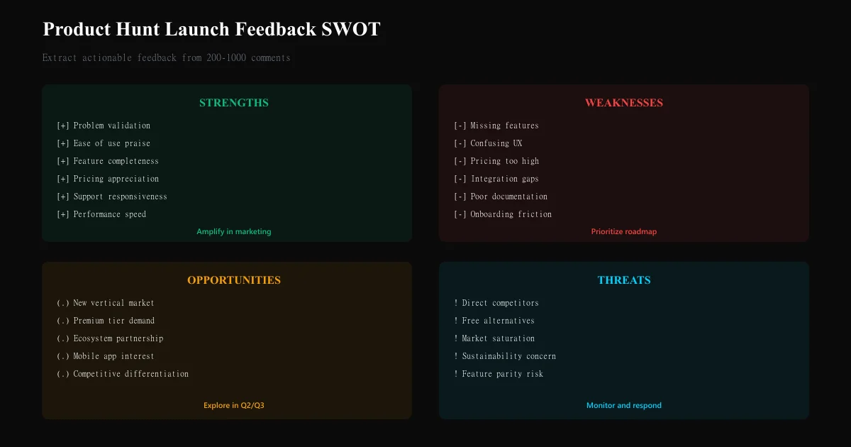 Indie Hacker Feedback Analysis: Mining Product Hunt and Indie Hackers Comments for SWOT Insight