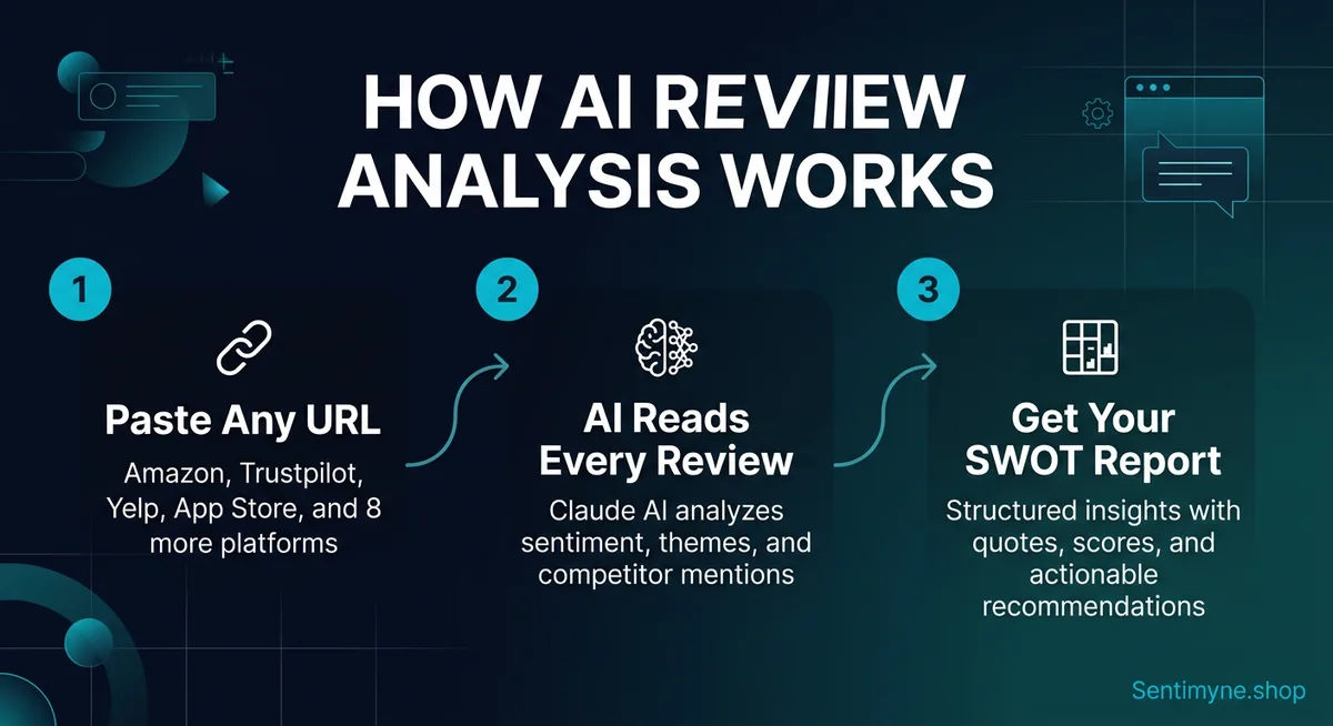 How Sentimyne's 3-step AI review analysis process works