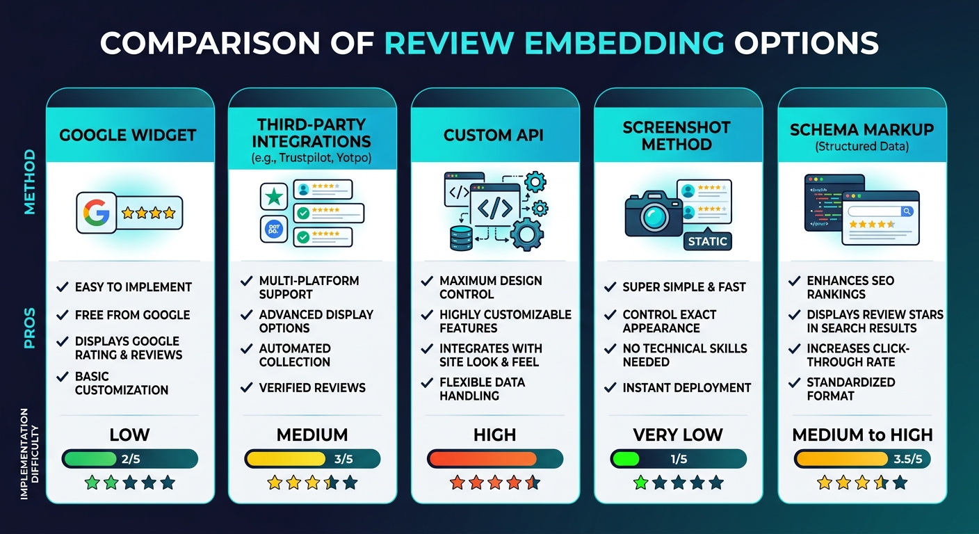 Infographic comparing embed options for different website types