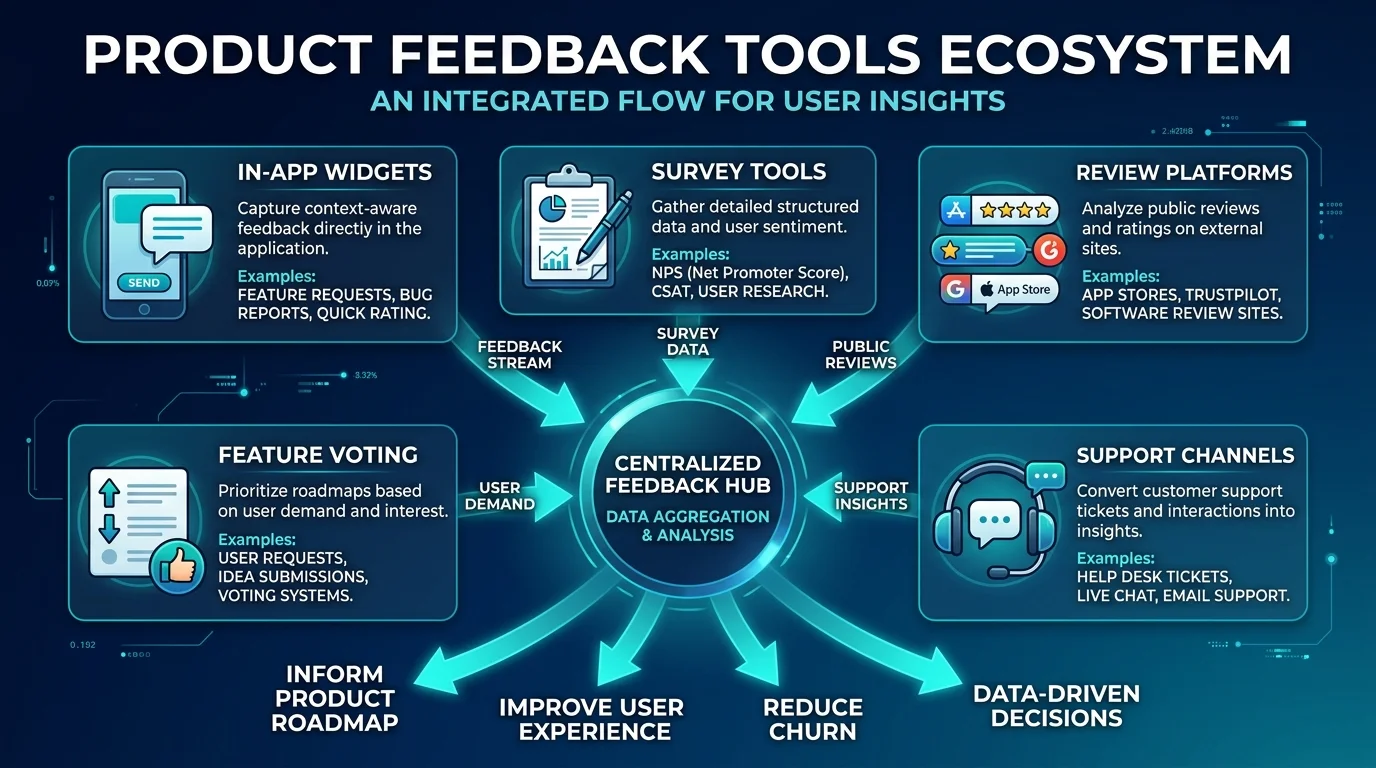 Product feedback tools stack showing in-app widgets, review platforms, surveys, feature voting, and support channels