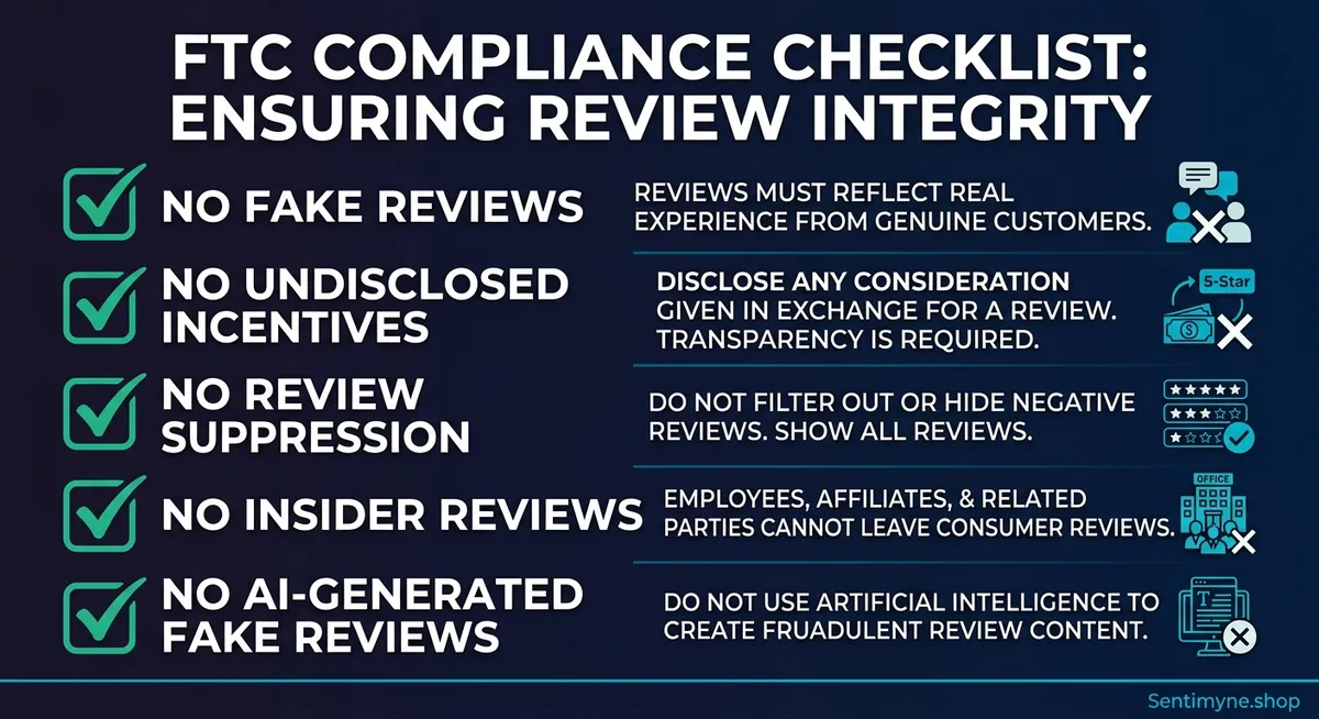 FTC compliance checklist for review practices covering generation, display, third parties, and insider disclosure