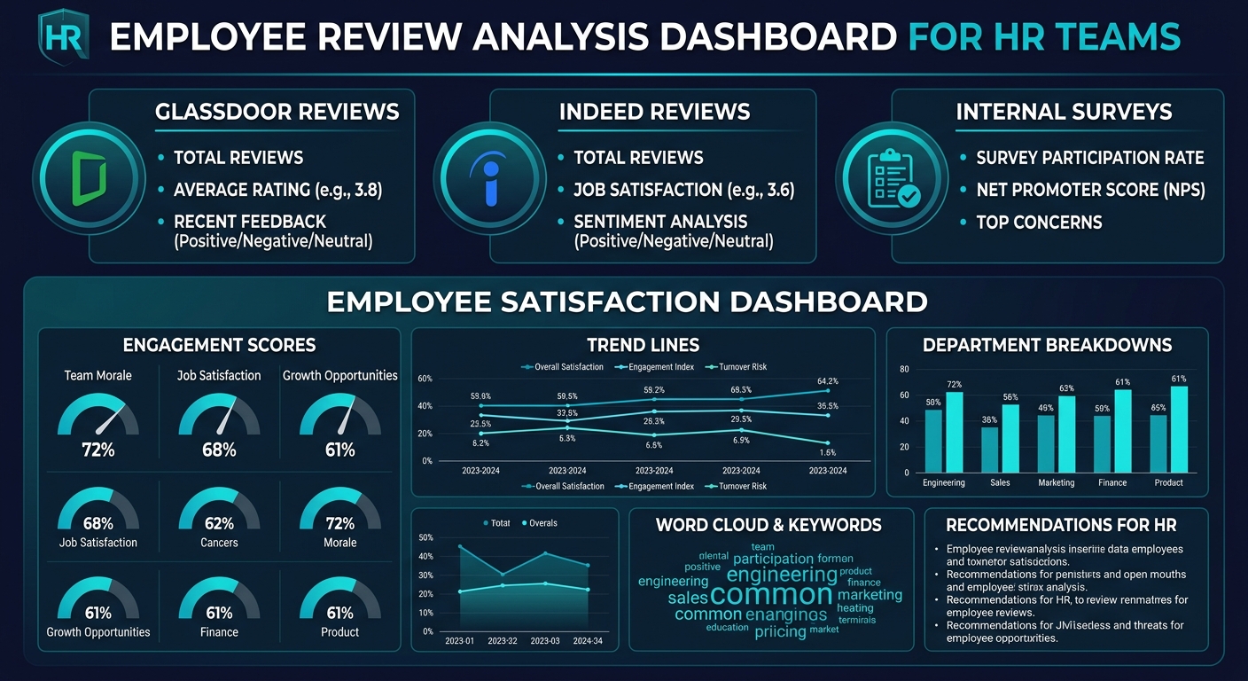 Employee review analysis dashboard showing theme patterns across Glassdoor and Indeed