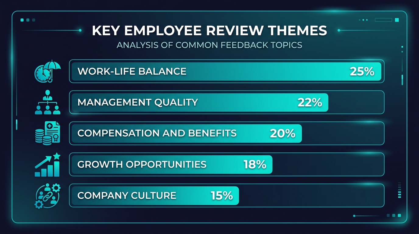 Infographic showing five key themes in employee reviews with frequency data