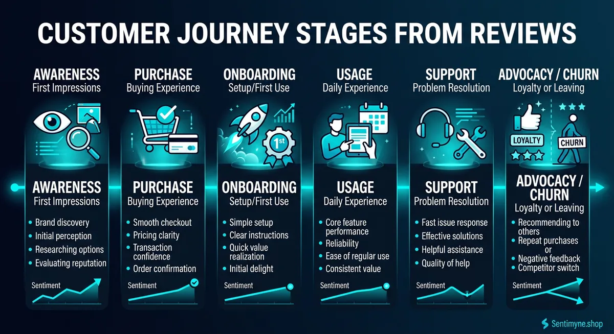 Six stages of customer journey from reviews