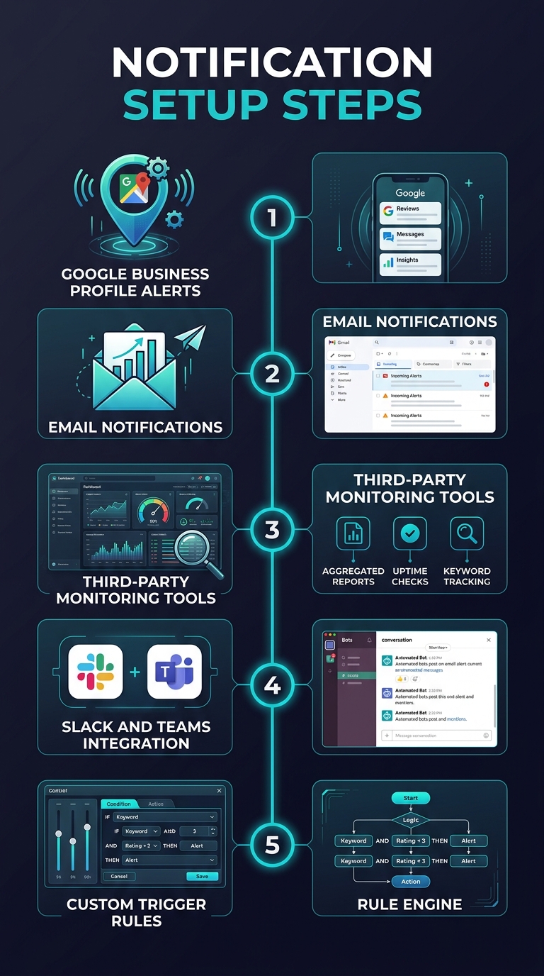 Infographic showing notification setup flow across multiple channels