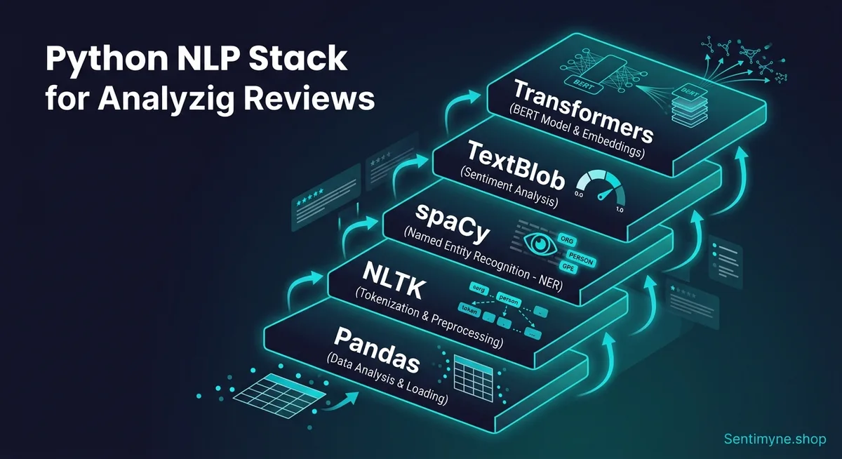 Python review analysis tech stack showing TextBlob, spaCy, pandas, and matplotlib working together