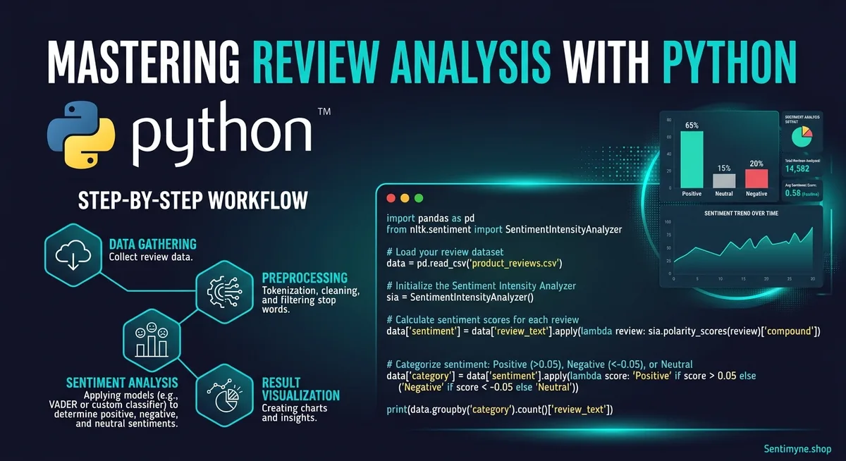 Python review analysis tutorial covering sentiment analysis, theme extraction, and visualization