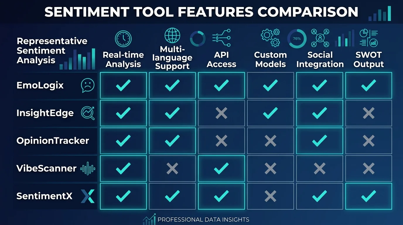 Sentiment analysis feature comparison infographic showing capabilities across tool categories
