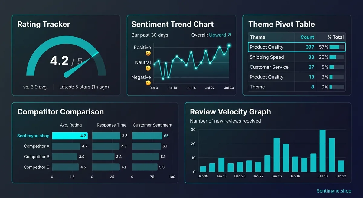 Google Sheets review template structure showing Review Log, Dashboard, Theme Analysis, Response Tracker, and Competitor Log