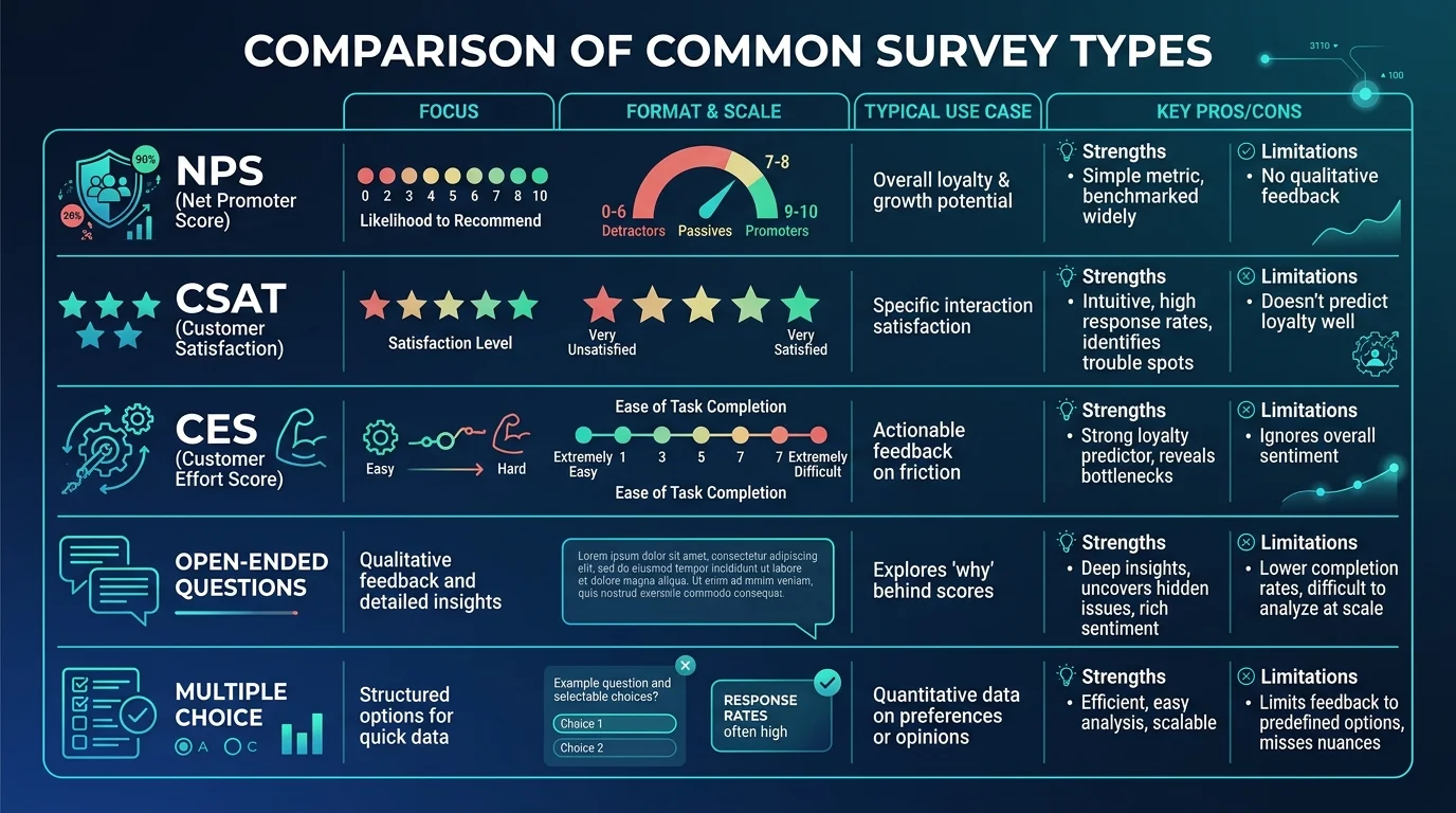Survey types comparison infographic showing when to use each format