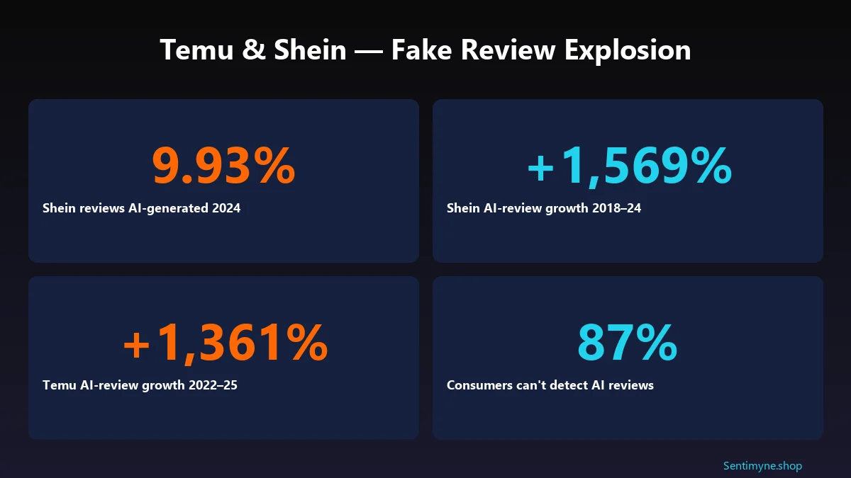 Fake review stats showing Shein 9.93% AI in 2024, +1569% growth, Temu +1361% growth, 87% can't detect