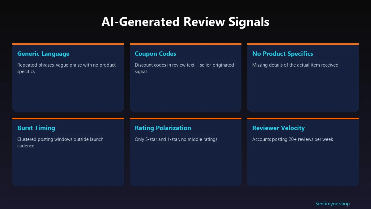 AI-generated review signals grid: generic language, coupon codes, no product specifics, burst timing, rating polarization, reviewer velocity