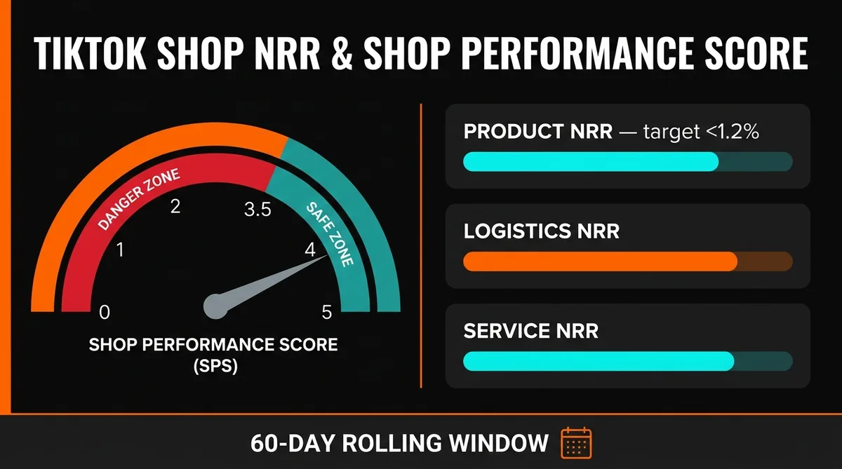 TikTok Shop review analysis NRR dashboard showing Shop Performance Score gauge and three category progress bars over a 60-day rolling window