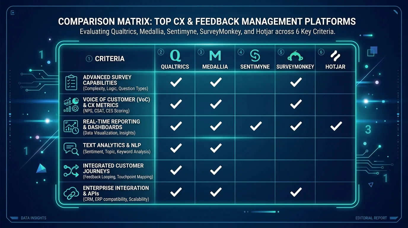 VoC tool comparison matrix with pricing, features, and ratings